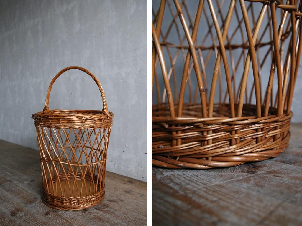 英国アンティークラタン製バスケット/アラログ/カゴバッグ/籐籠ゴミ箱80-130