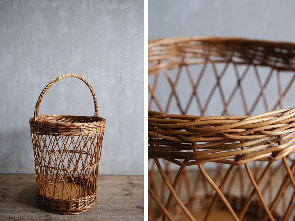 英国アンティークラタン製バスケット/アラログ/カゴバッグ/籐籠ゴミ箱80-130