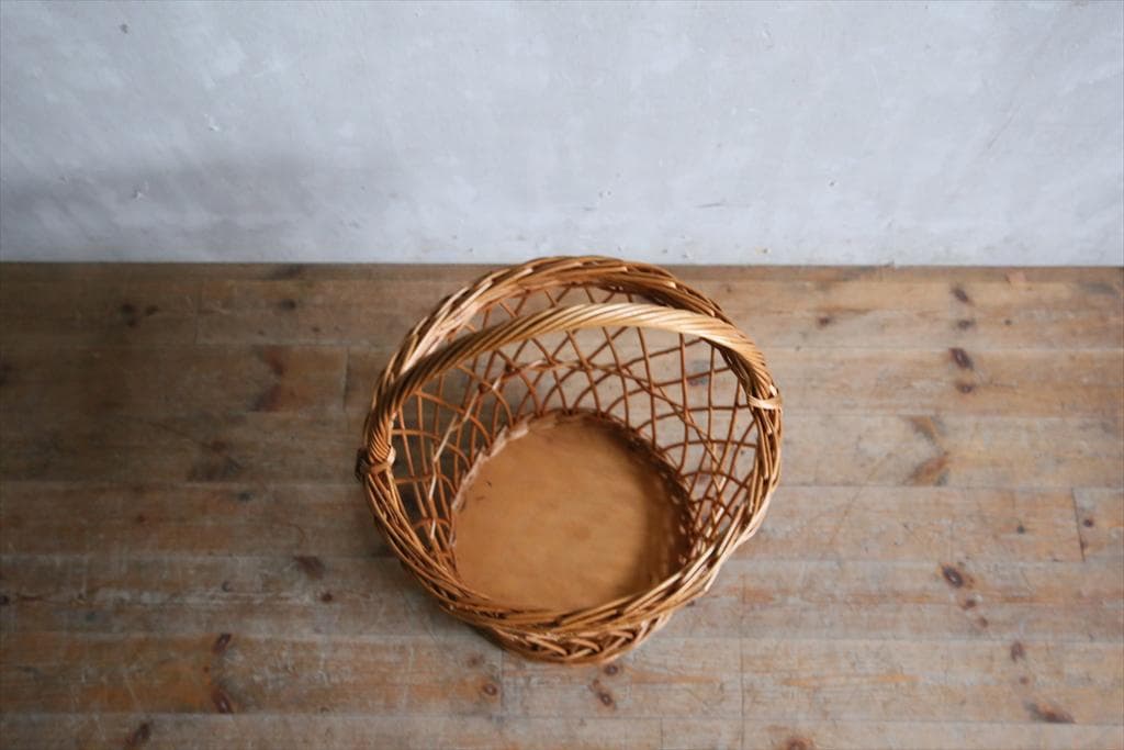 英国アンティークラタン製バスケット/アラログ/カゴバッグ/籐籠ゴミ箱80-130