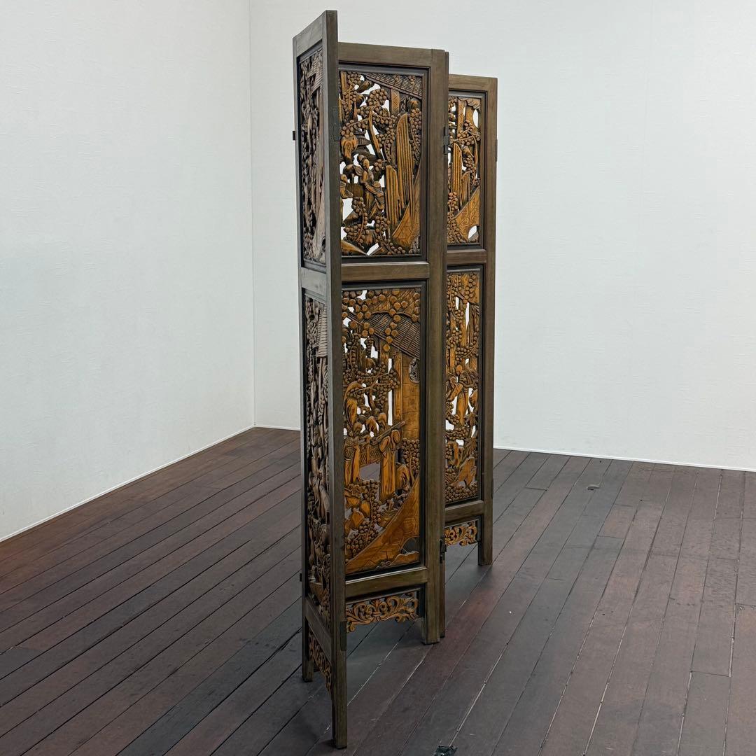 H21K14 木製 透かし彫り 4つ折り パーテーション 4連