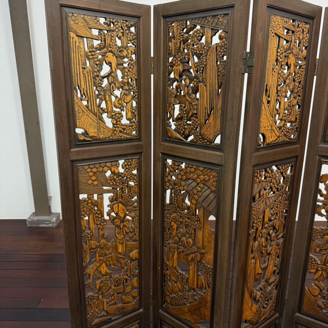 H21K14 木製 透かし彫り 4つ折り パーテーション 4連