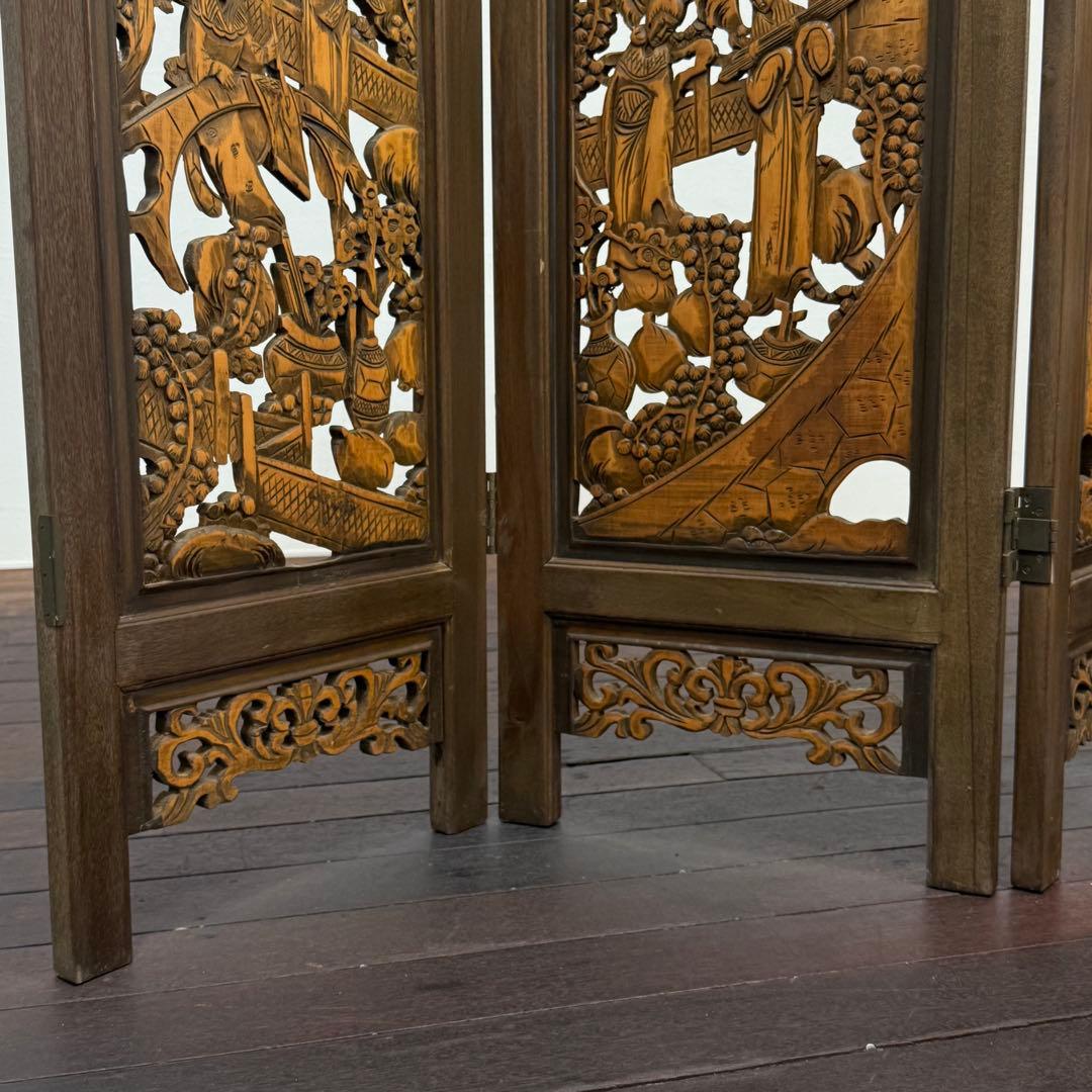 H21K14 木製 透かし彫り 4つ折り パーテーション 4連