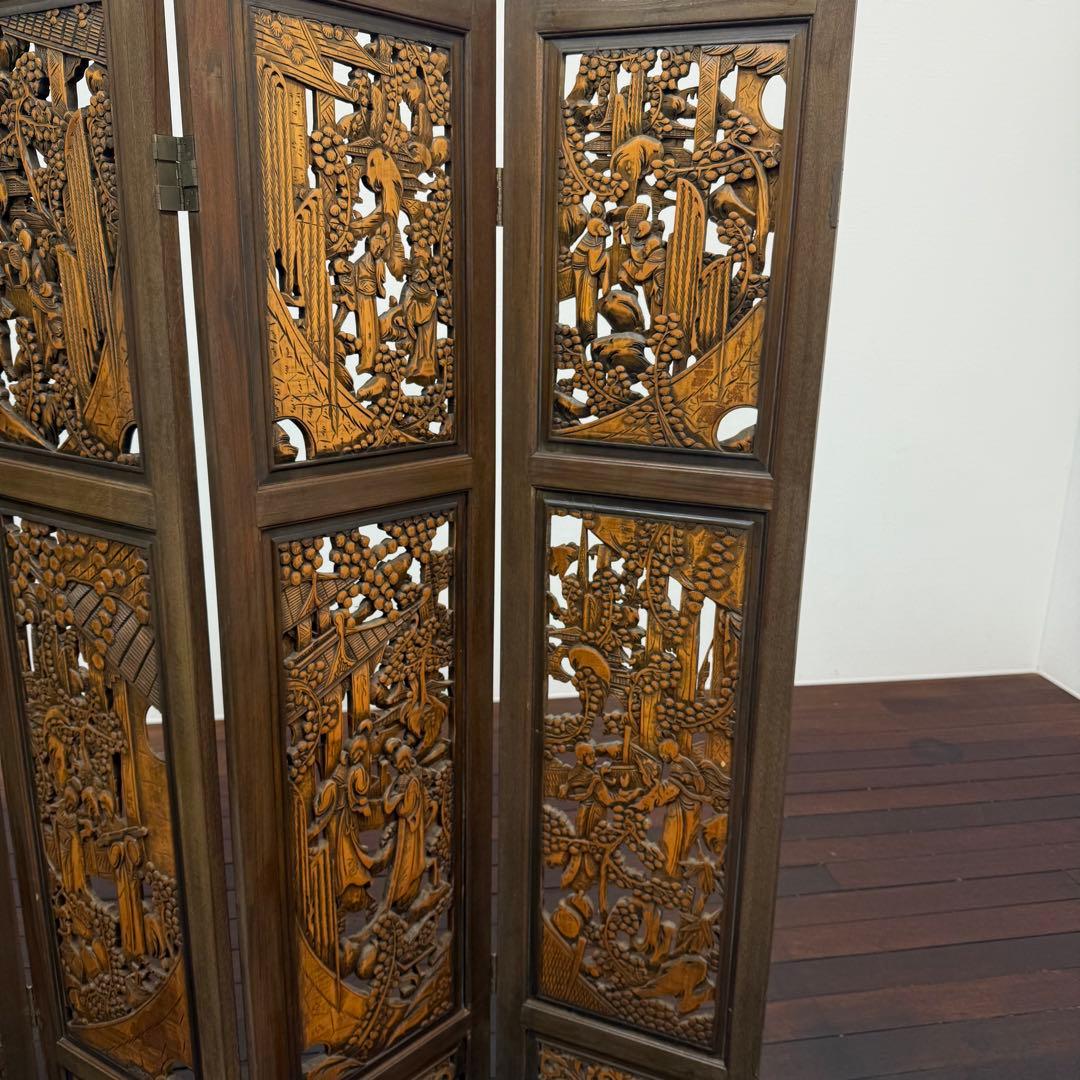 H21K14 木製 透かし彫り 4つ折り パーテーション 4連