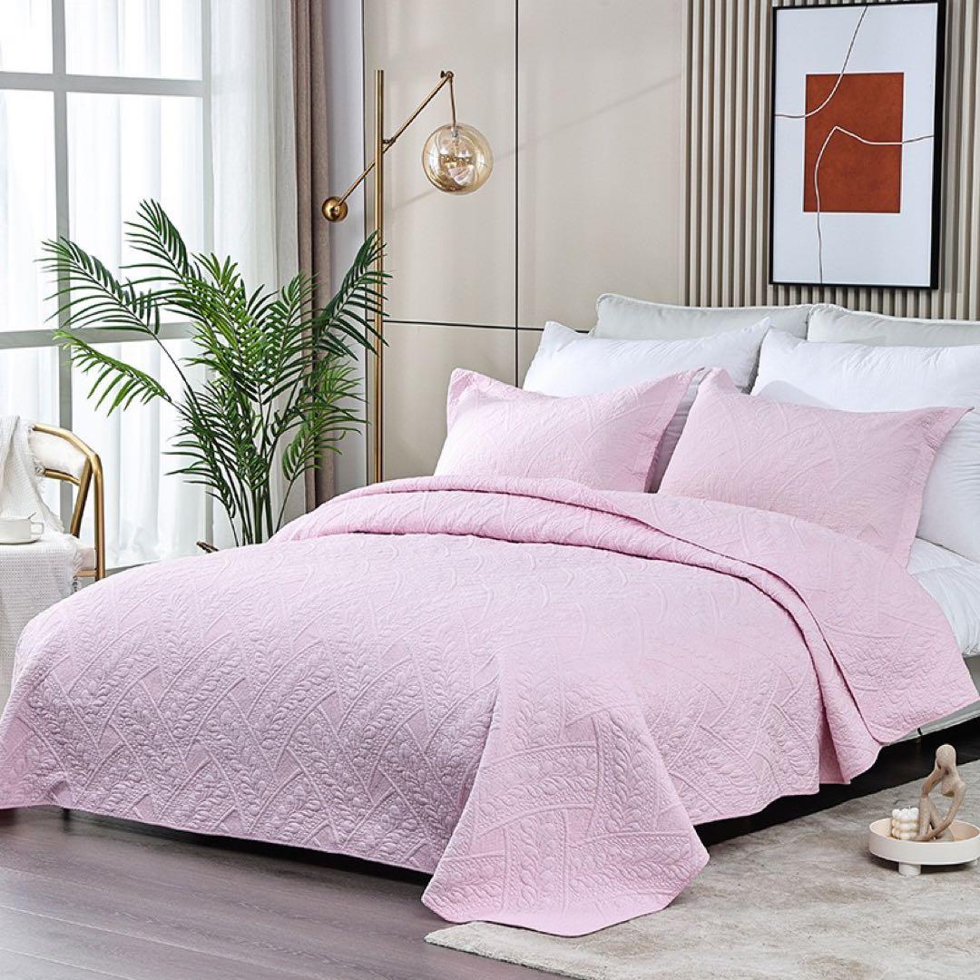 キルトベッドカバー3点セット綿マルチカバー キルティング 164ピンク