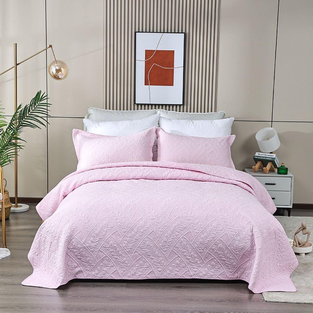 キルトベッドカバー3点セット綿マルチカバー キルティング 164ピンク