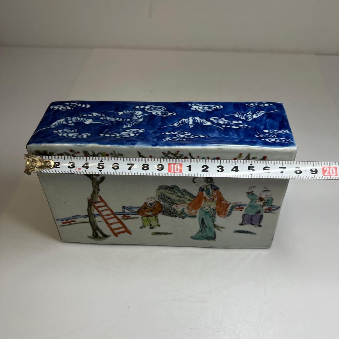 中国清時代 新渡粉彩 陶枕 幅18㎝ 東な7-1221☆