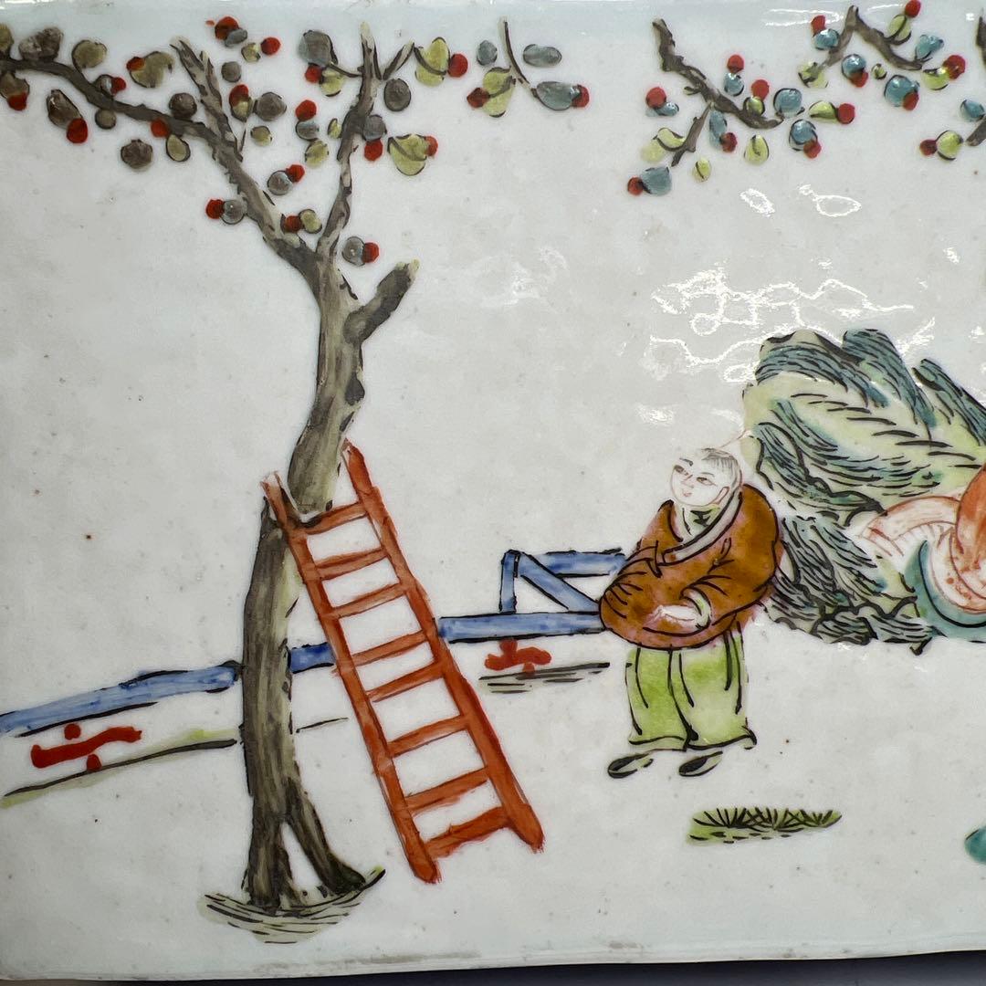 中国清時代 新渡粉彩 陶枕 幅18㎝ 東な7-1221☆