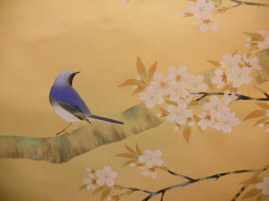 掛け軸 平野宏仙 『 桜に小禽 』 絹本 希少 軸装 茶道具 掛軸 美品