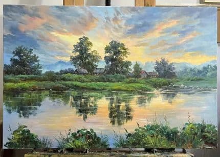 風景画 油彩画 川と田舎の風景