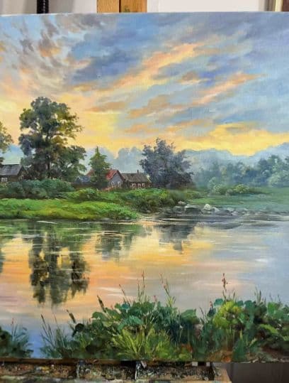 風景画 油彩画 川と田舎の風景