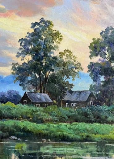 風景画 油彩画 川と田舎の風景