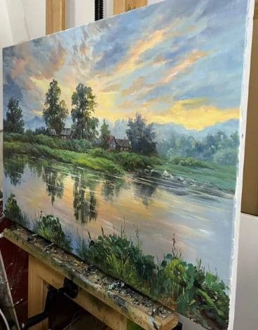 風景画 油彩画 川と田舎の風景