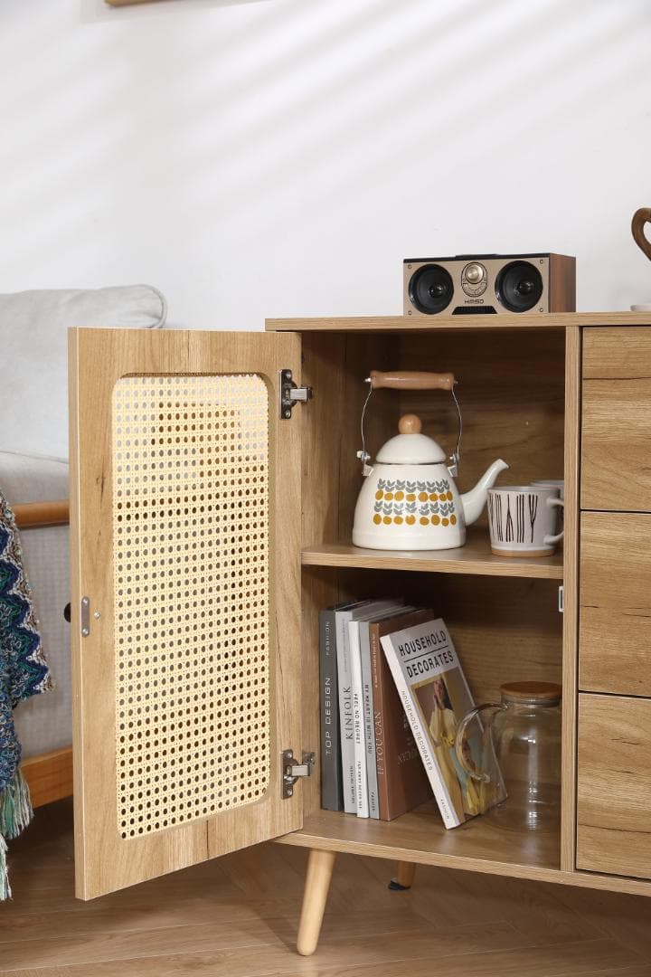 北欧 キャビネット サイドボード チェスト ラタン風 引き出し付き 大容量