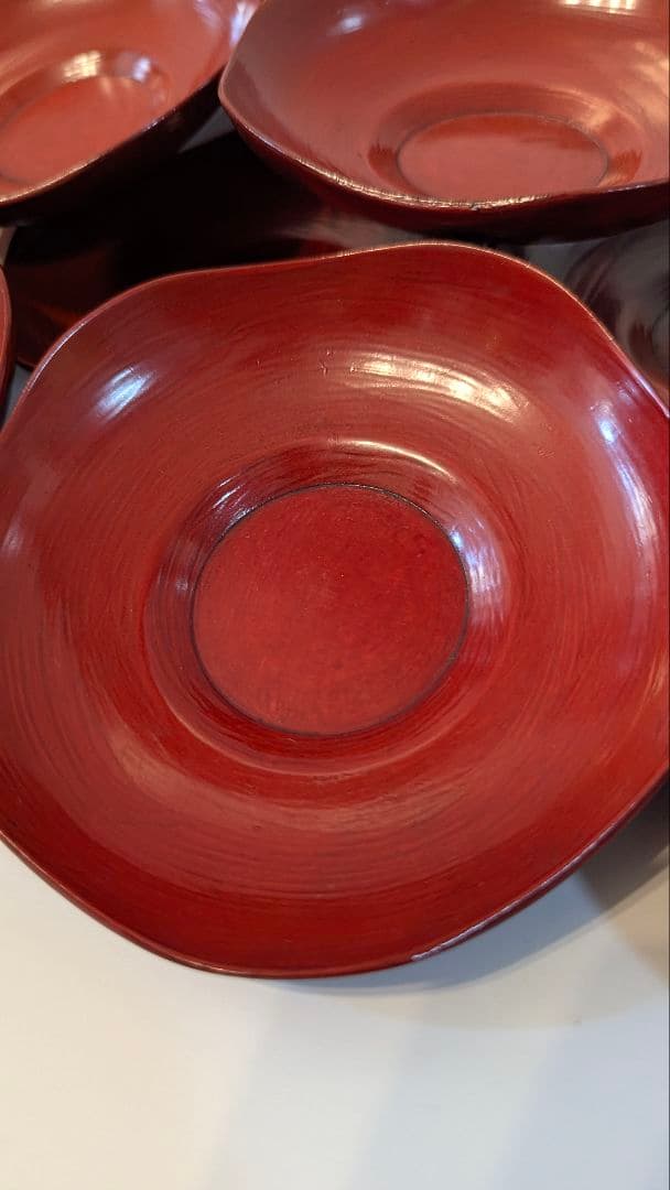 輪花　茶托　骨董　古美術　10客　箱付　漆塗　朱　托子　職人