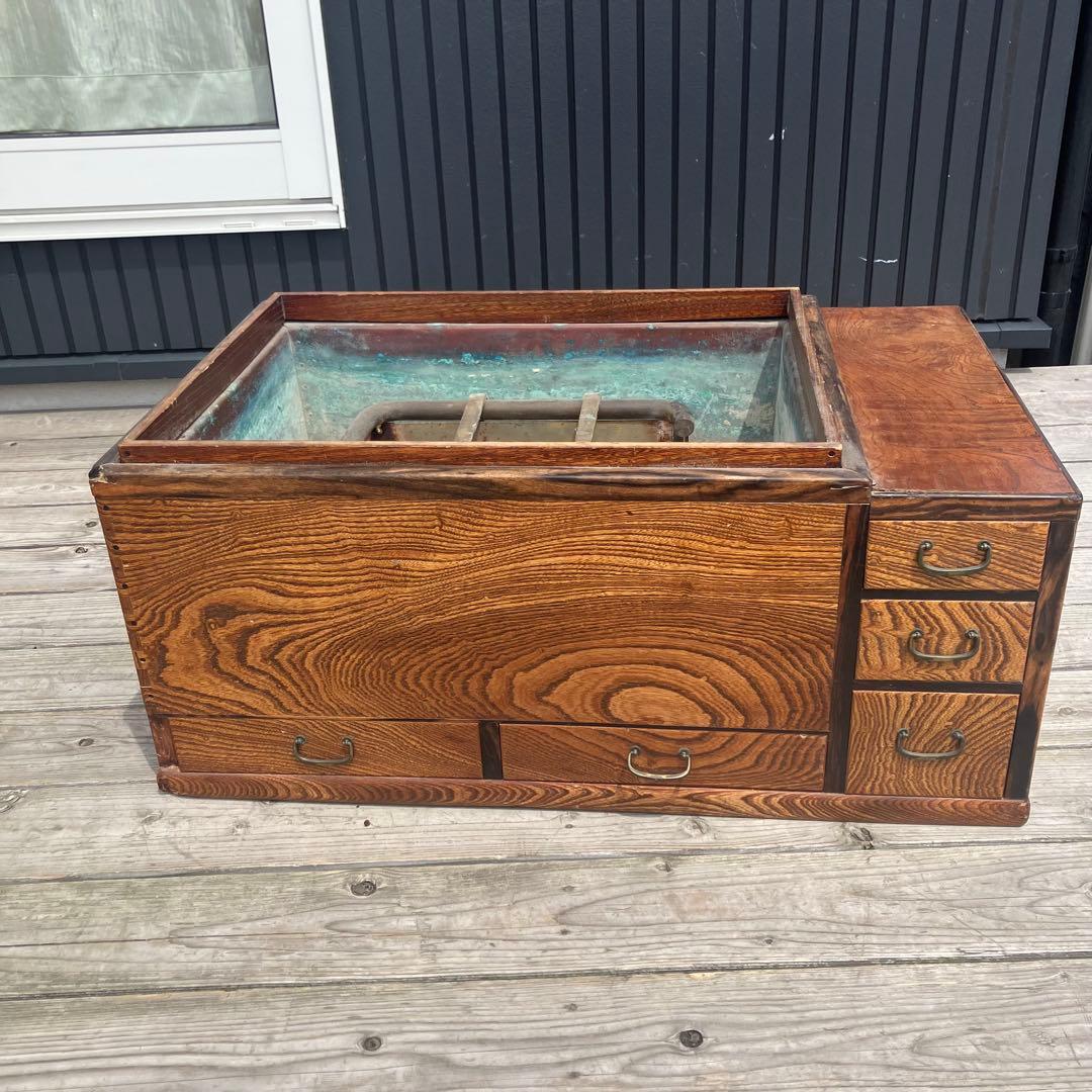 昭和レトロ 木製 長火鉢 五徳付き 5杯 引き出し収納付き 火鉢 囲炉裏