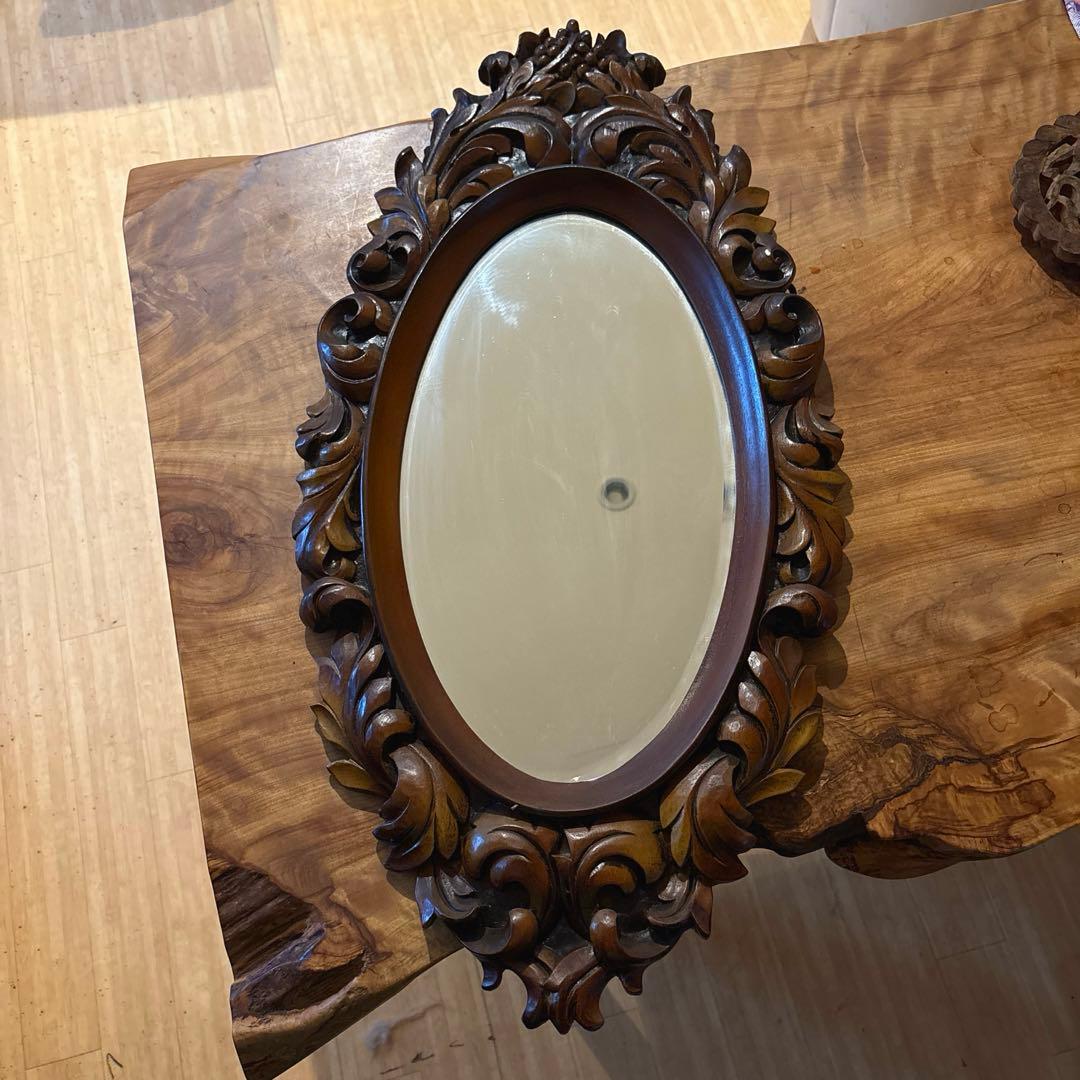 「手彫り 木製フレーム アンティークウォールミラー 北欧NORDIKスタイル」