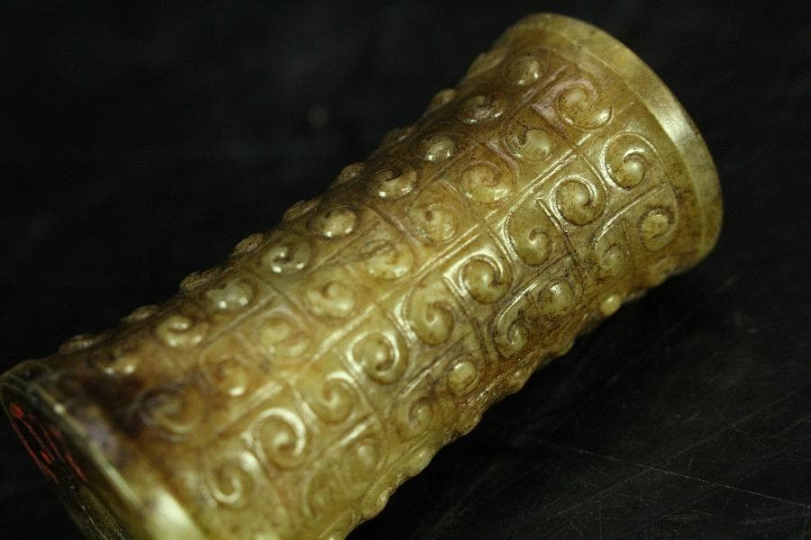 中国美術 古長沙勾雲管型器 玉石刻 飾 京都旧家蔵(K-A910)
