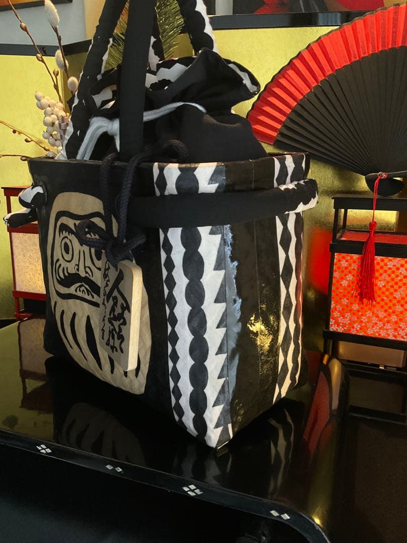 一閑張り 福達磨 だるま 和風 かごバッグ 一閑張りバッグ 着物 白黒