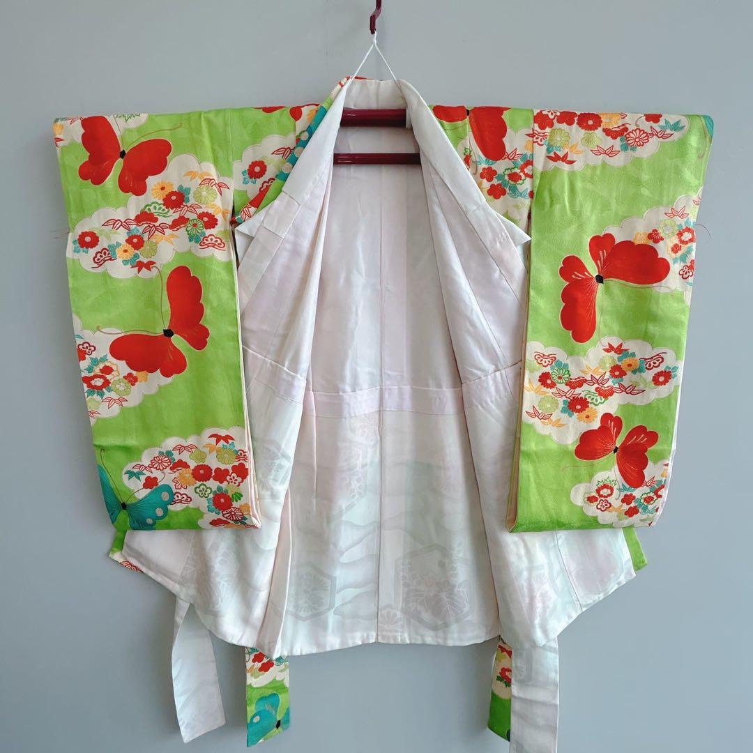 フルセット　七五三７歳女の子　昭和レトロ　着物＆帯＆長襦袢＆小物　緑　蝶