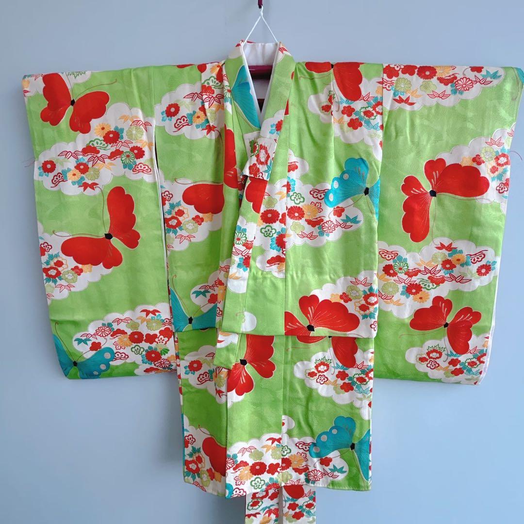 フルセット　七五三７歳女の子　昭和レトロ　着物＆帯＆長襦袢＆小物　緑　蝶