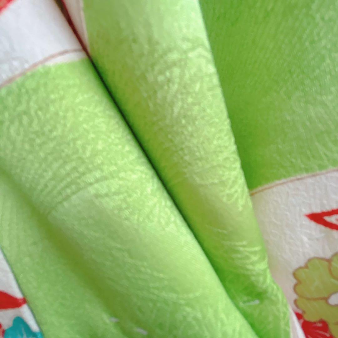 フルセット　七五三７歳女の子　昭和レトロ　着物＆帯＆長襦袢＆小物　緑　蝶