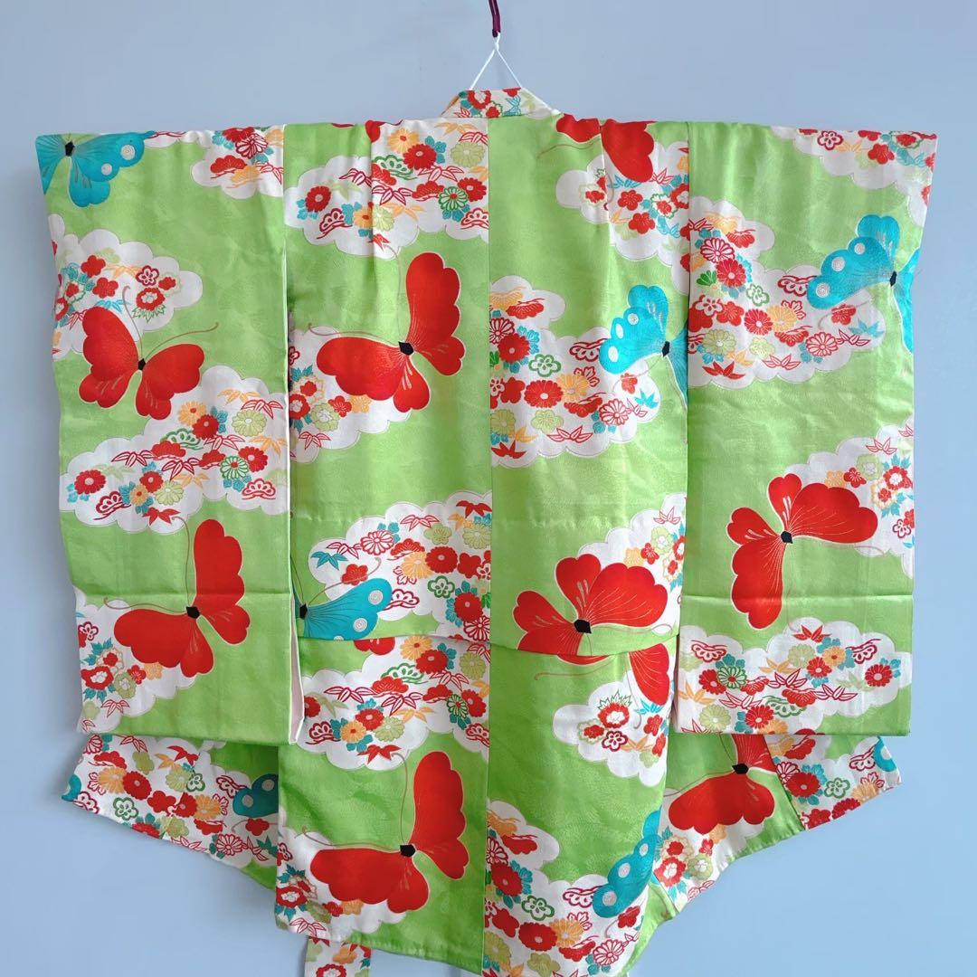 フルセット　七五三７歳女の子　昭和レトロ　着物＆帯＆長襦袢＆小物　緑　蝶