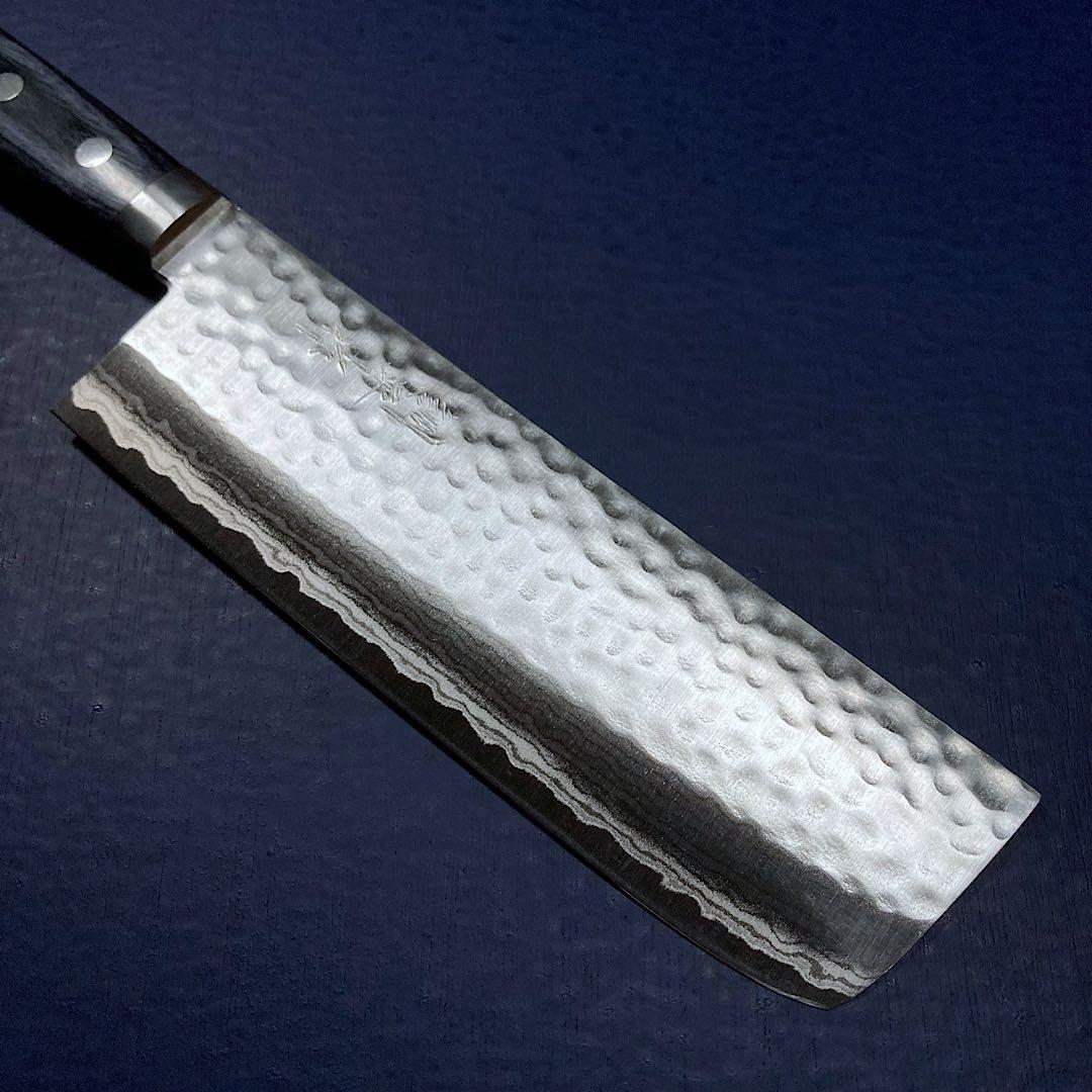 訓平作　菜切　包丁　165mm V金10号　槌目ダマスカス　紺柄　越前打刃物
