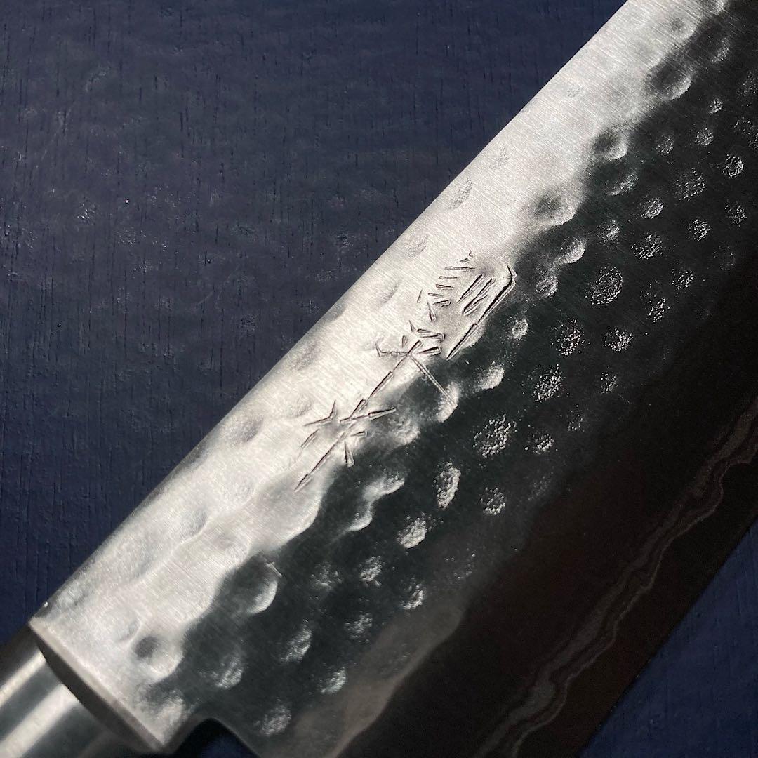 訓平作　菜切　包丁　165mm V金10号　槌目ダマスカス　紺柄　越前打刃物