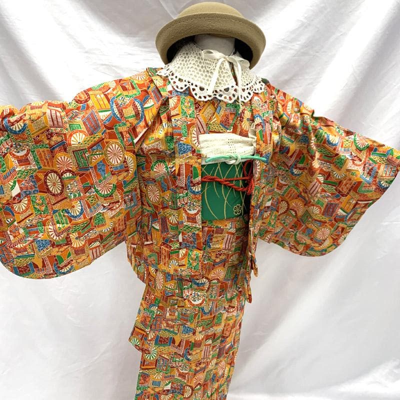 506ag78■七五三 付添い 五歳 七歳 アンサンブル 着物&羽織&帯 朱■