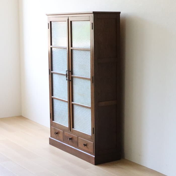 アンティーク　ダイアガラス　両開き棚　収納棚　ナラ材　古家具　レトロ　書棚