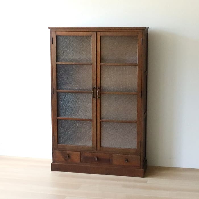 アンティーク　ダイアガラス　両開き棚　収納棚　ナラ材　古家具　レトロ　書棚