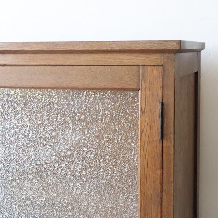 アンティーク　ダイアガラス　両開き棚　収納棚　ナラ材　古家具　レトロ　書棚