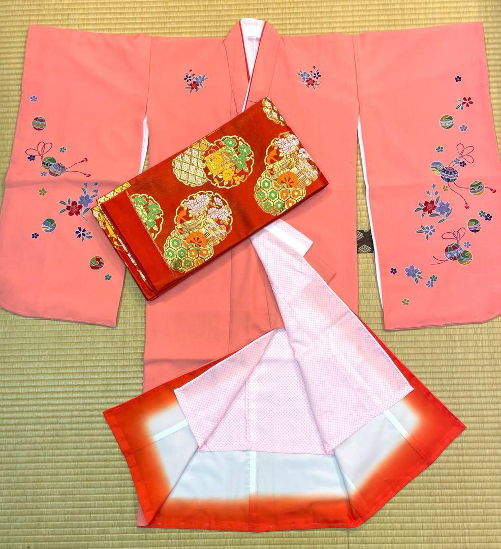 七五三用着物 ピンク 花柄刺繍 帯付き 七歳
