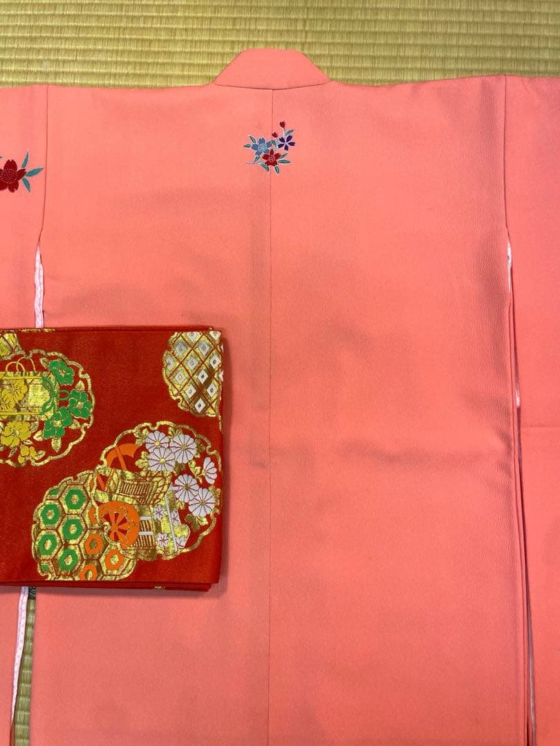 七五三用着物 ピンク 花柄刺繍 帯付き 七歳