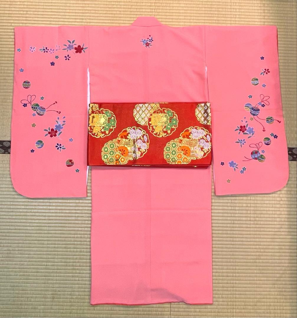 七五三用着物 ピンク 花柄刺繍 帯付き 七歳