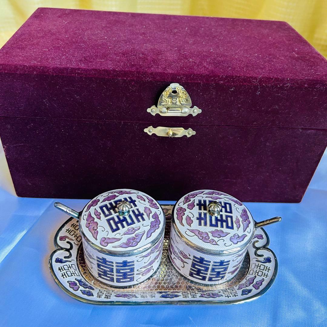 未使用　純銀七宝砂糖器＆トレイセット　銀食器　レトロ　ビンテージ　希少