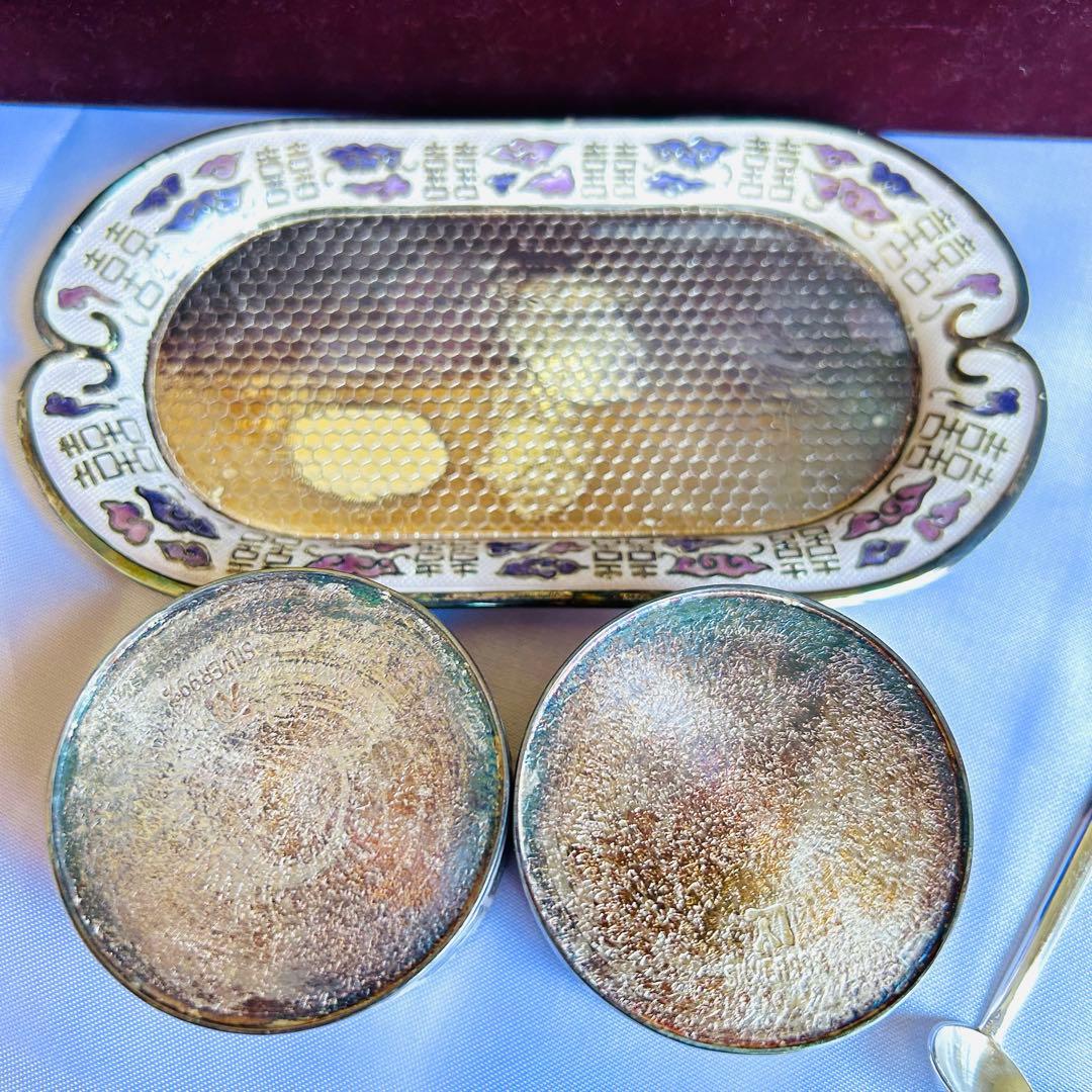 未使用　純銀七宝砂糖器＆トレイセット　銀食器　レトロ　ビンテージ　希少