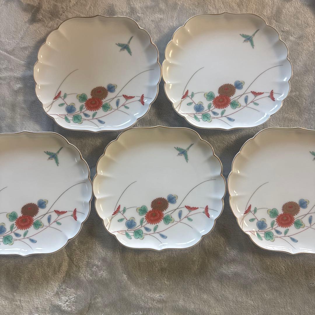 深川製磁 花と小鳥の波型皿5枚セット