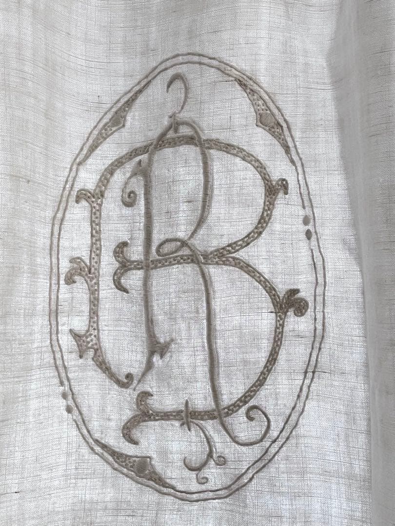 美品】フランスアンティーク BR手刺繍 ホワイトフリルカフェカーテン