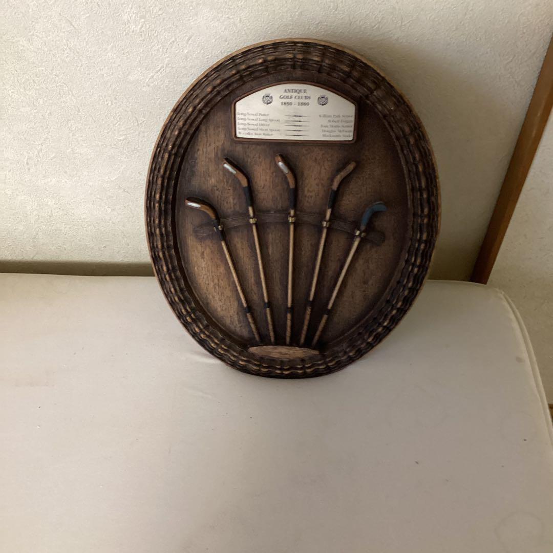 英国製アンティーク壁掛　レトロ　木製ゴルフクラブ手作り彫刻５本　ゴルフヘリテイジ