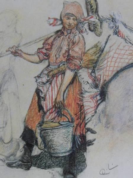 カール・ラーション、箒を持つ少女（《夏の風の吹く戸外で》習作）