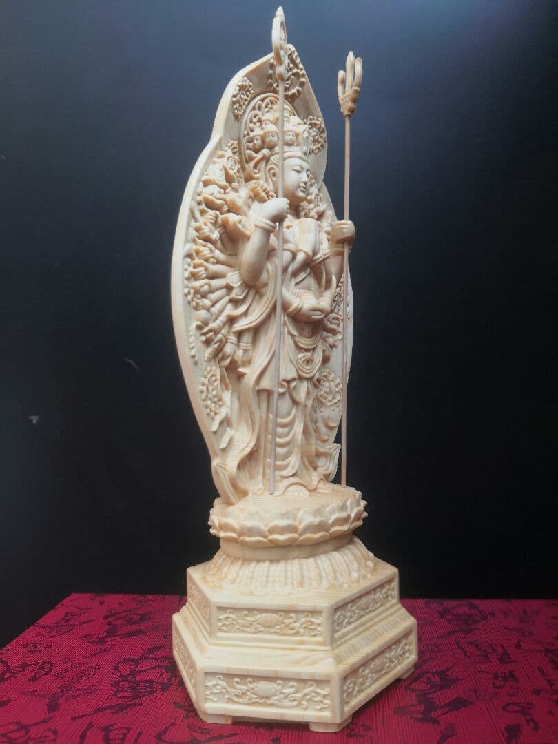 【修縁堂】彫刻仏像 千手観音 観音像 六角台座 仏教木彫 供養仏 開運風水