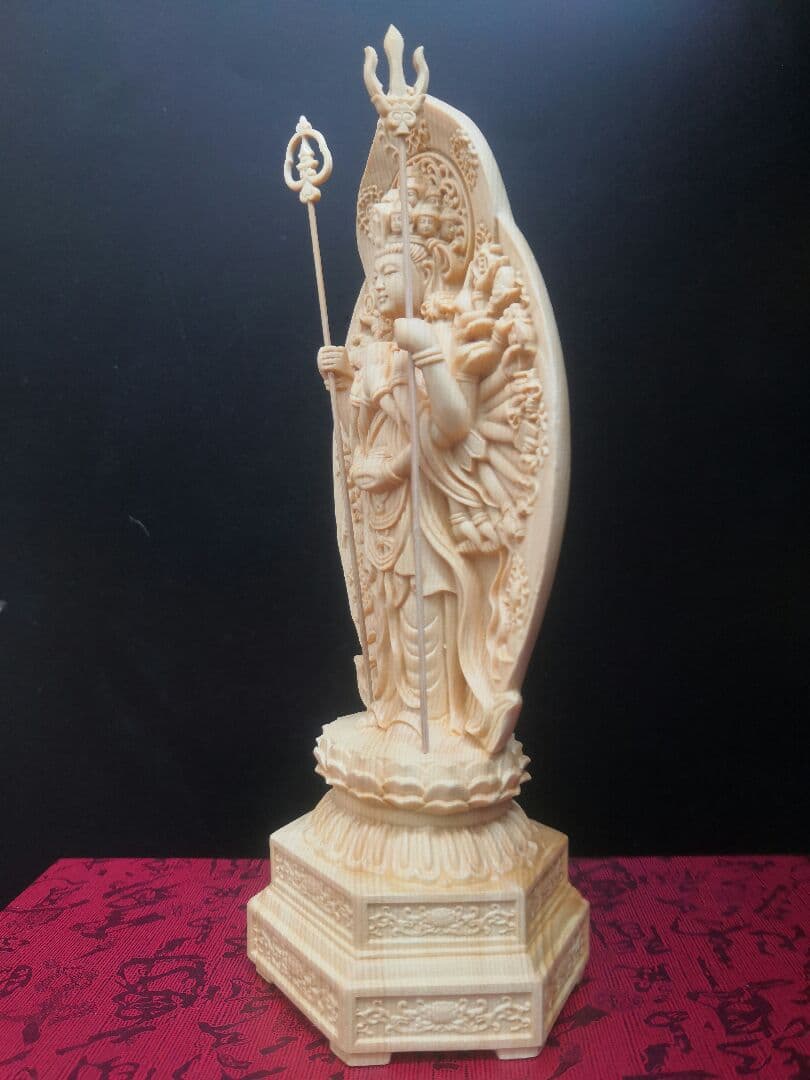 【修縁堂】彫刻仏像 千手観音 観音像 六角台座 仏教木彫 供養仏 開運風水