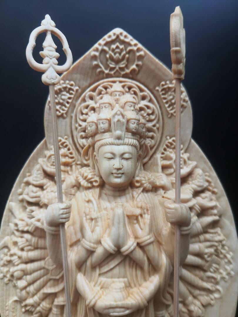 【修縁堂】彫刻仏像 千手観音 観音像 六角台座 仏教木彫 供養仏 開運風水