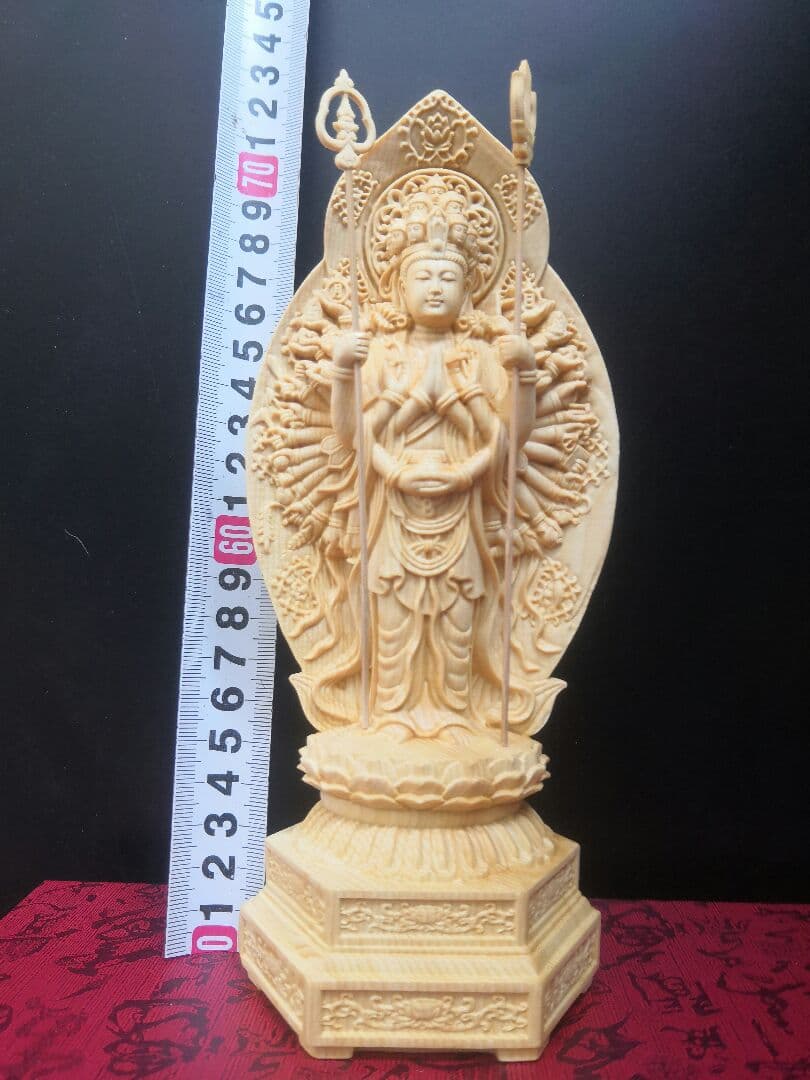 【修縁堂】彫刻仏像 千手観音 観音像 六角台座 仏教木彫 供養仏 開運風水