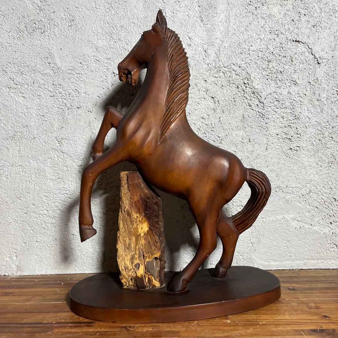ヴィンテージ 木彫り 馬像 立ち馬 大型オブジェ インテリア 高さ45cm