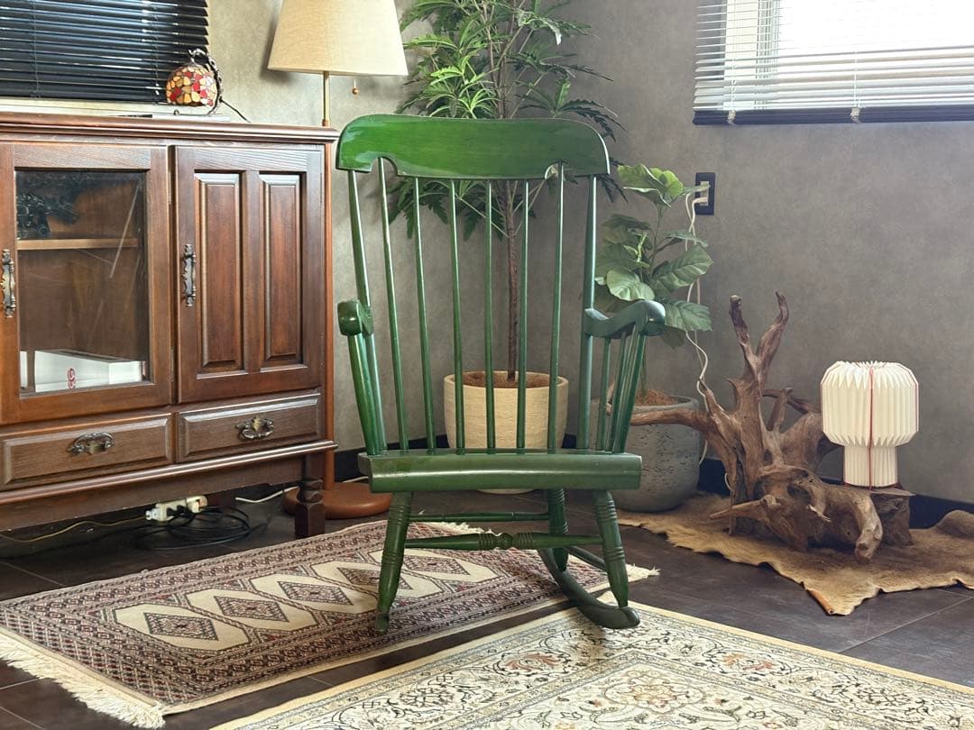 希少　飛騨産業　キツツキマーク　グリーンロッキングチェア　ヴィンテージ　nG