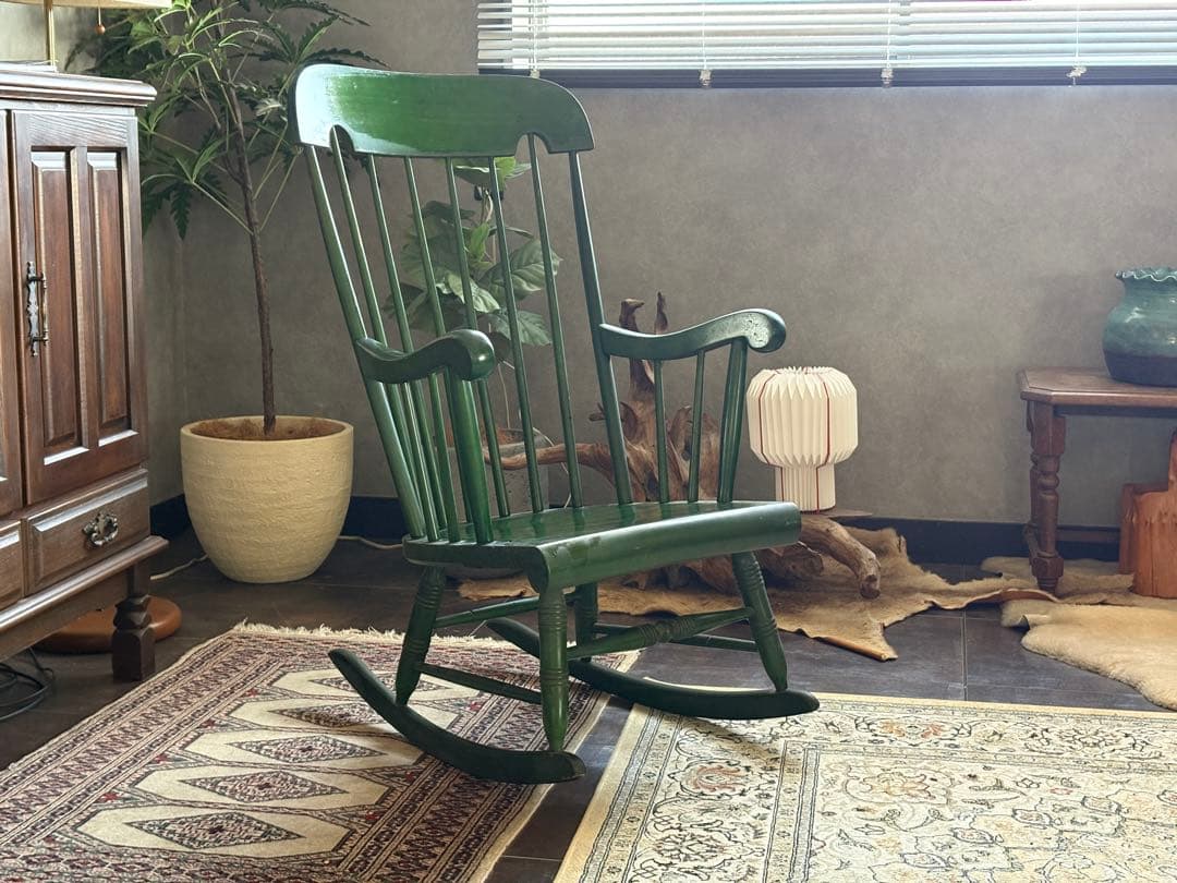 希少　飛騨産業　キツツキマーク　グリーンロッキングチェア　ヴィンテージ　nG