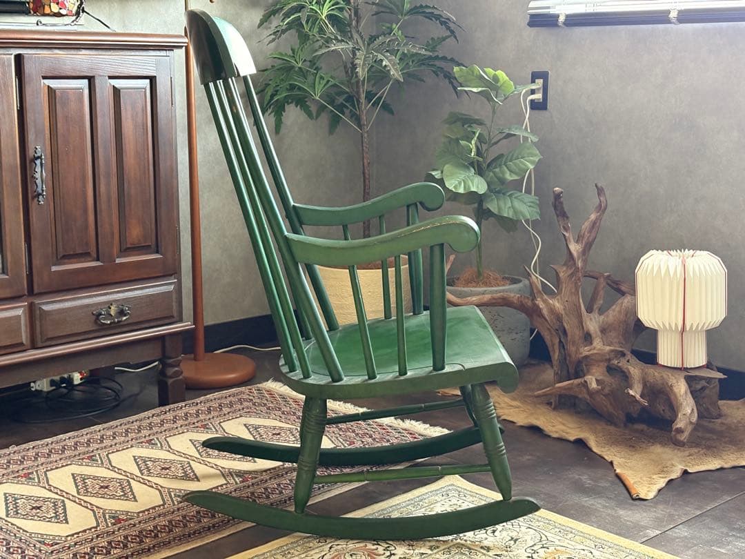 希少　飛騨産業　キツツキマーク　グリーンロッキングチェア　ヴィンテージ　nG