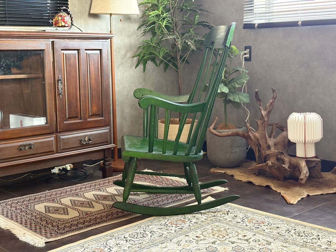 希少　飛騨産業　キツツキマーク　グリーンロッキングチェア　ヴィンテージ　nG